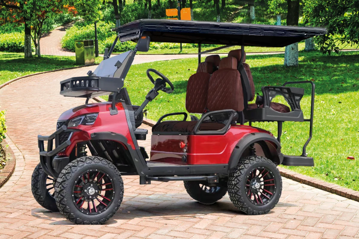 Carrinho de golfe BigCart Ecoolmove vermelho com assentos confortáveis, equipado com cobertura e rodas robustas.