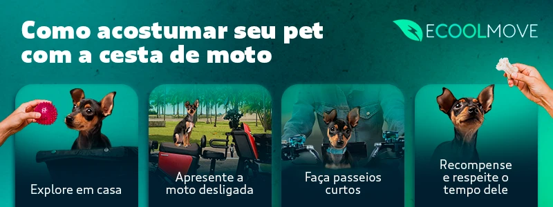Banner indicando o passo a passo para acostumar o bichinho de estimação na cesta para pet em motos elétricas.