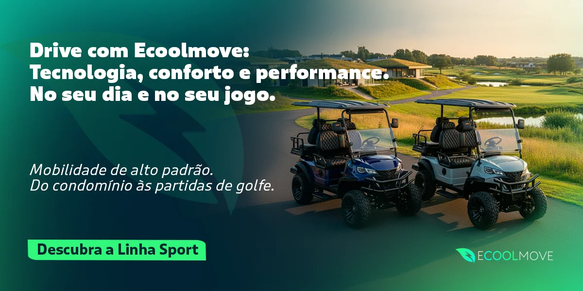 Carrinhos de golfe elétricos Ecoolmove Linha Sport em condomínio de luxo com campo de golfe ao fundo