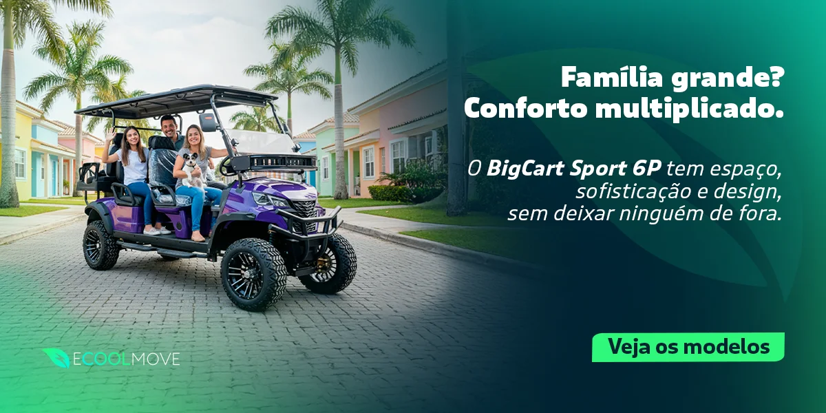 Veículo elétrico BigCart Sport 6P roxo com seis lugares, três adultos e um cachorro, em rua residencial com palmeiras