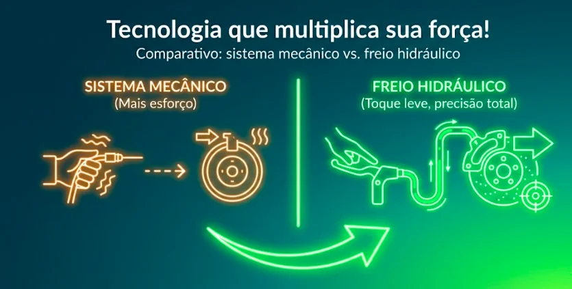 Comparativo entre sistema mecânico de freio com mais esforço e freio hidráulico com toque leve e precisão total