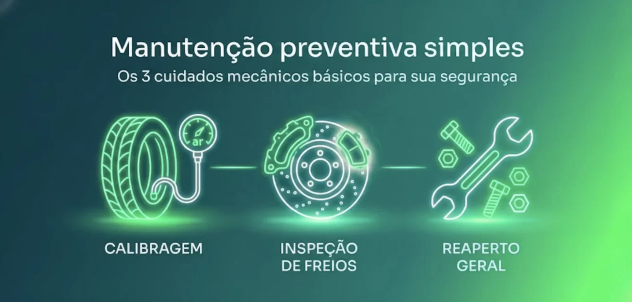 Ilustração de manutenção preventiva simples com calibragem de pneus, inspeção de freios e reaperto geral
