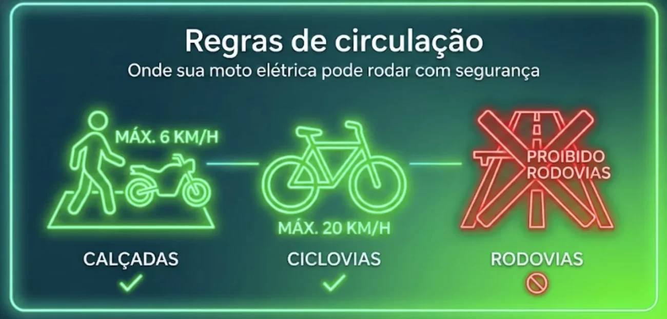 Regras de circulação para motos elétricas: calçadas com velocidade máxima de 6 km/h, ciclovias com velocidade máxima de 20 km/h, rodovias proibidas