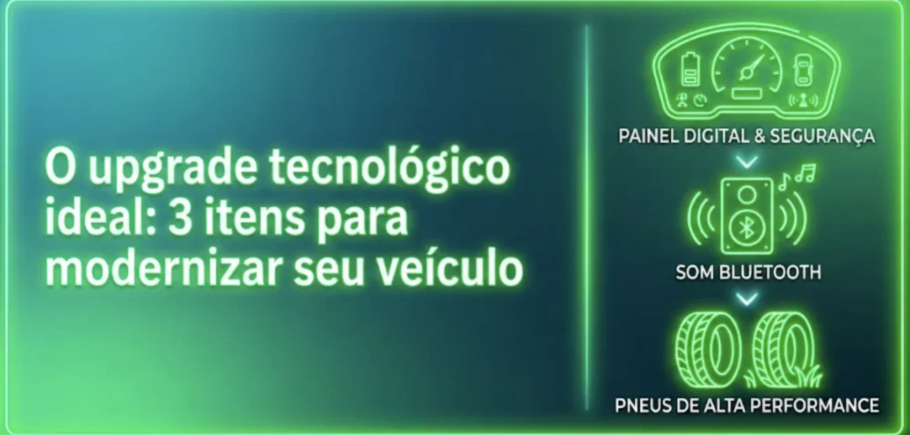 Upgrade tecnológico ideal para veículos com painel digital e segurança, som Bluetooth e pneus de alta performance